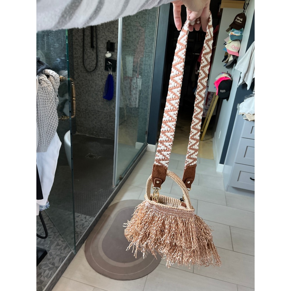 ViaMailBag Italy Rose Gold Glitter Fringe Straw Bucket Bag Boho Summer Festival - Picture 12 of 16
